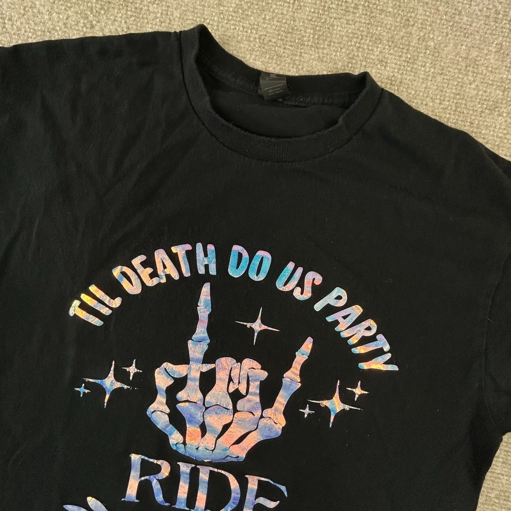 Til Death Do Us Party Ride or Die Print Gildan T-Shirt Women Medium Black Cotton